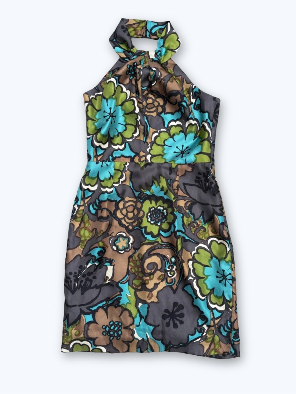 Trina Turk 100% Silk Halter Dress in Brown and Teal Floral Print Size 8